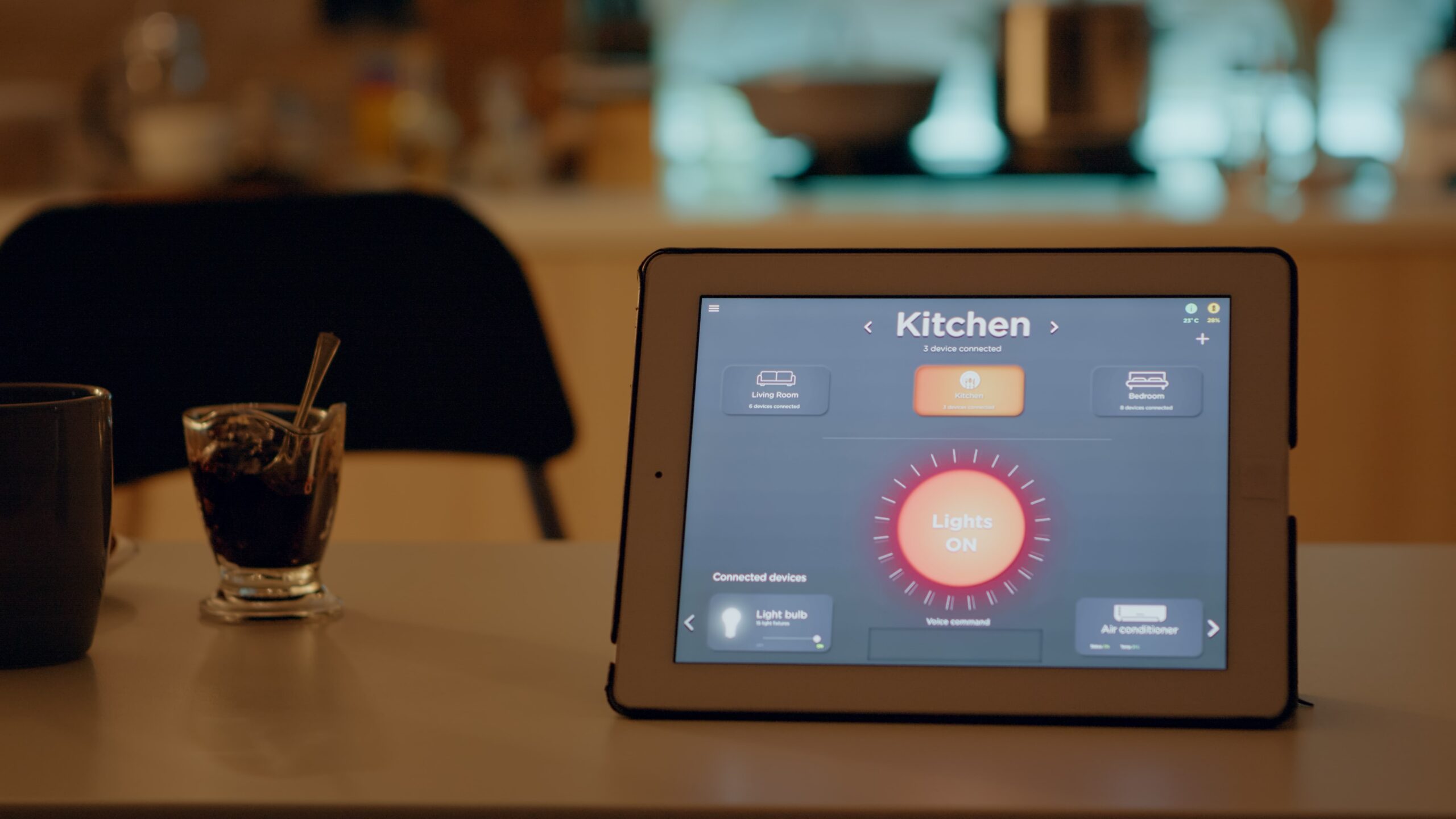 home automation tablet on kitchen counter